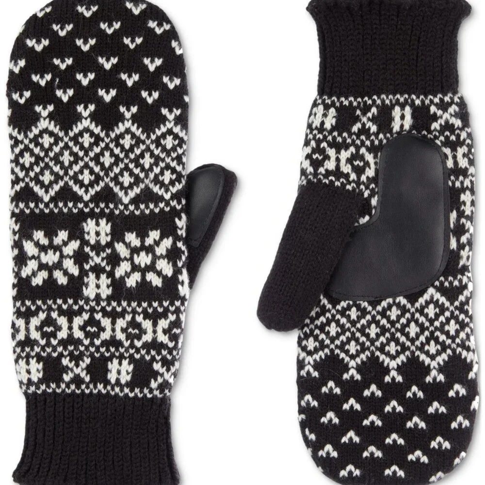 NWT Isotoner Signature Nordic Fair Isle Water Repellent Knit Mittens - Black - Picture 3 of 3